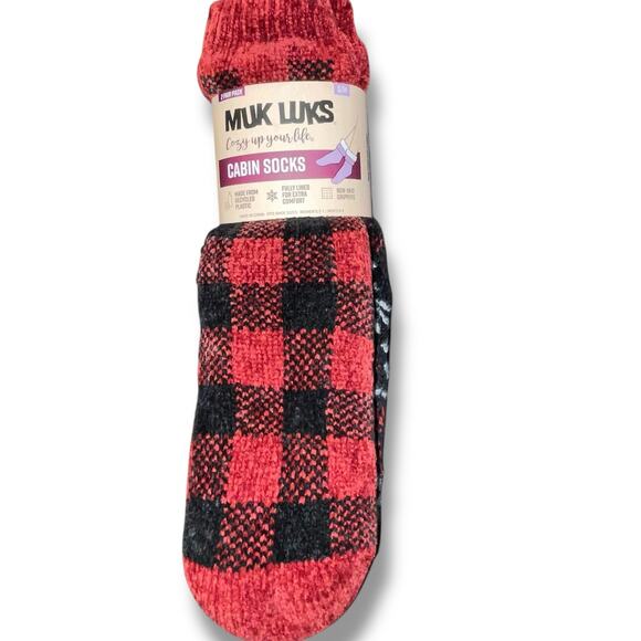 Muk Luks Sz S/M Slipper Socks Faux Fur Lined Warm Cabin 2 Pk Buffalo Check Gift - Picture 13 of 14